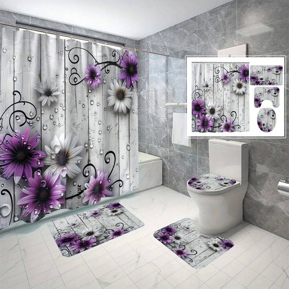 Purple Daisy Shower Curtain 3D Floral Design Wooden Background Water Droplets Bath Decor Waterproof Fabric Bathroom Curtain Set