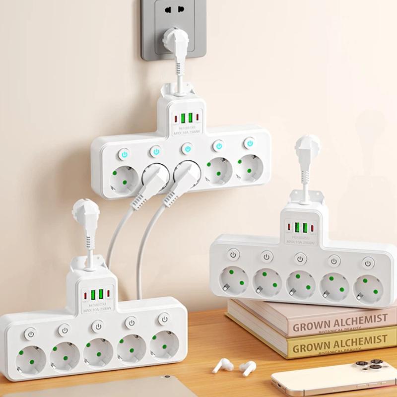 EU Power Strip – 5 AC Outlets with Independent Switches, Optional USB/Type-C