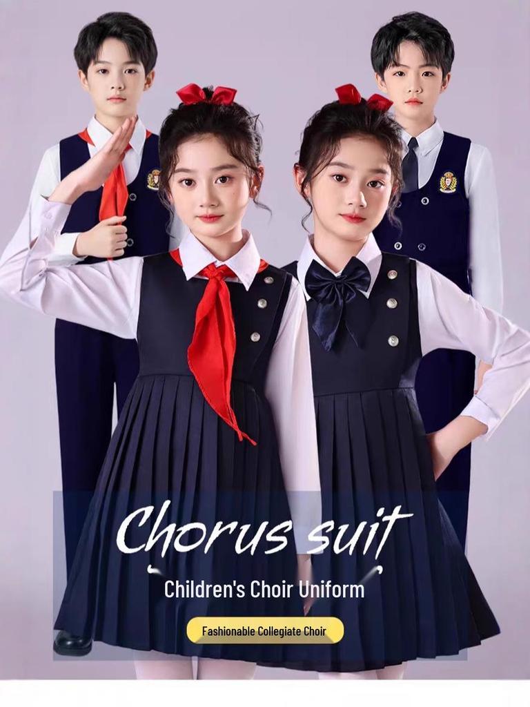 Children's Patriotic Choir Costumes - Boys & Girls Blue Outfits with Red Scarf for Recitation Competitions