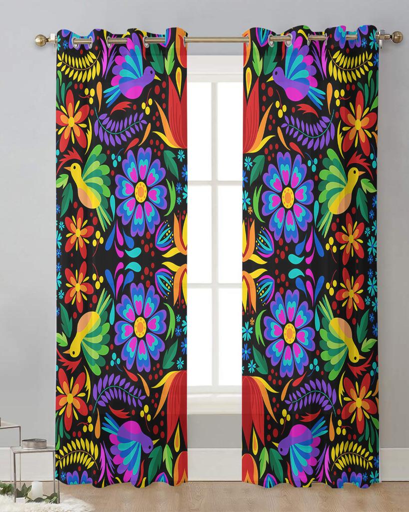 Bunte transparente Vorhänge mit abstrakten Blumen aus Mexiko für die Wohnzimmerdekoration, Fenstervorhänge, Küche, Tüll, Voile, Organza-Vorhänge