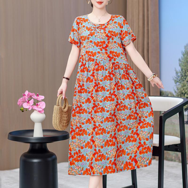 Elegant Dresses for Women Plus Size Loose Casual Vintage Print Long Dress With Sleeves Summer Middle-aged Women's Clothing