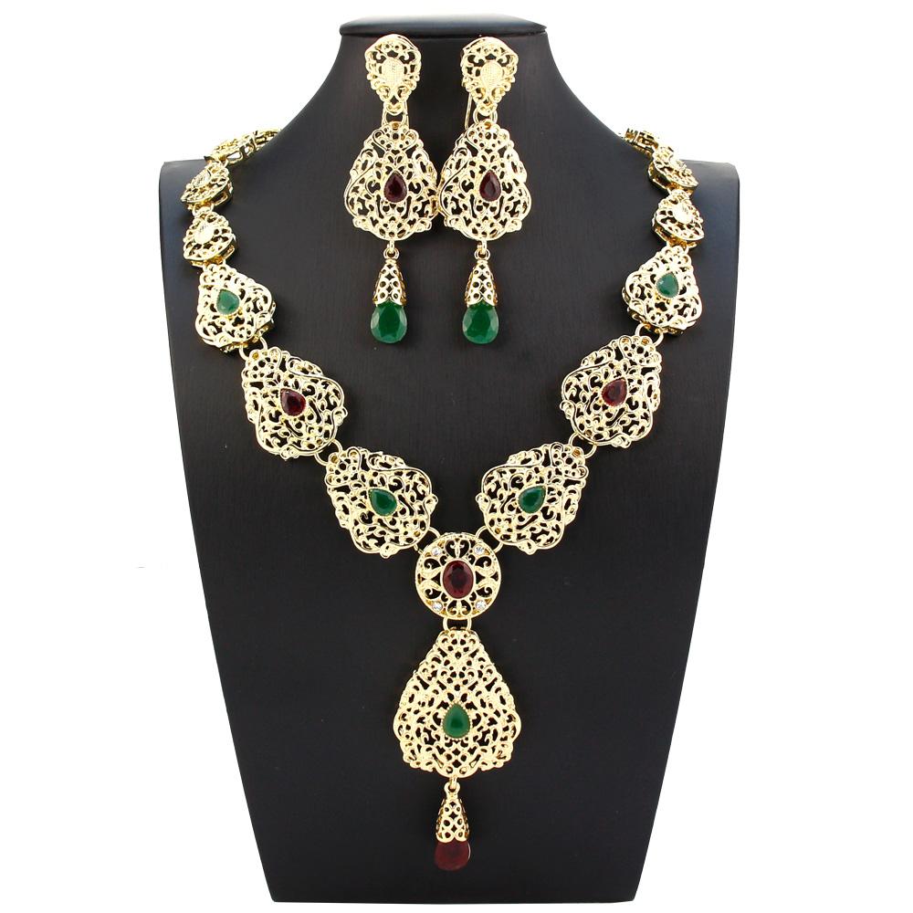 Gold Color Jewelry Sets Long Earring Necklace Set For Women Hollow Arabesque Pendant Necklace Bride Jewelry