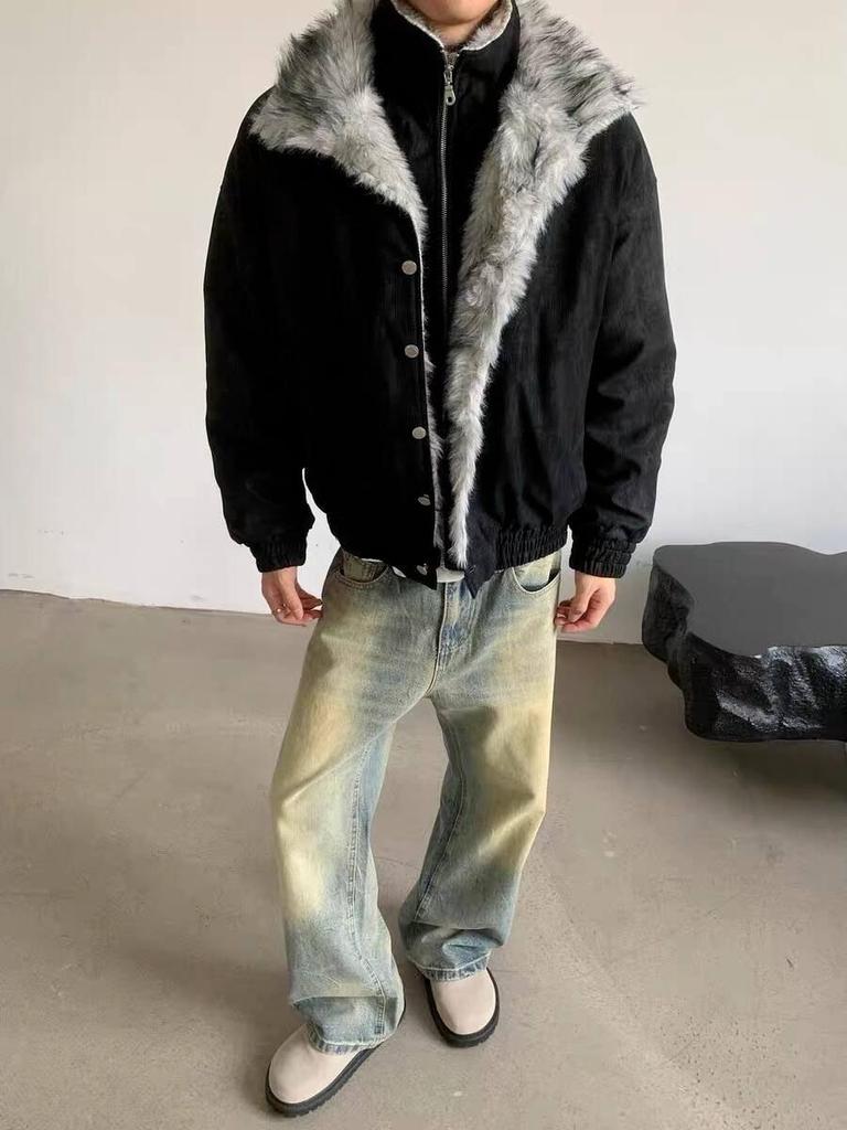 Herren Retro Used Look Bergadler Jacke mit Pelzkragen