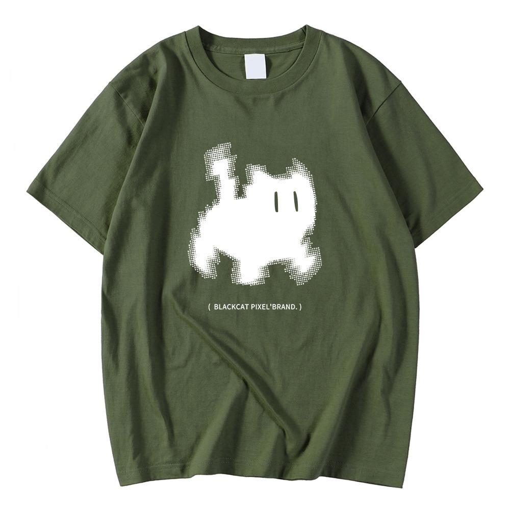 Koreanische Mode Damen T-Shirts Schwarze Katze Pixel Cartoons Druck Tops Bequem Weich O-Ausschnitt Locker Kurzarm Damenkleidung