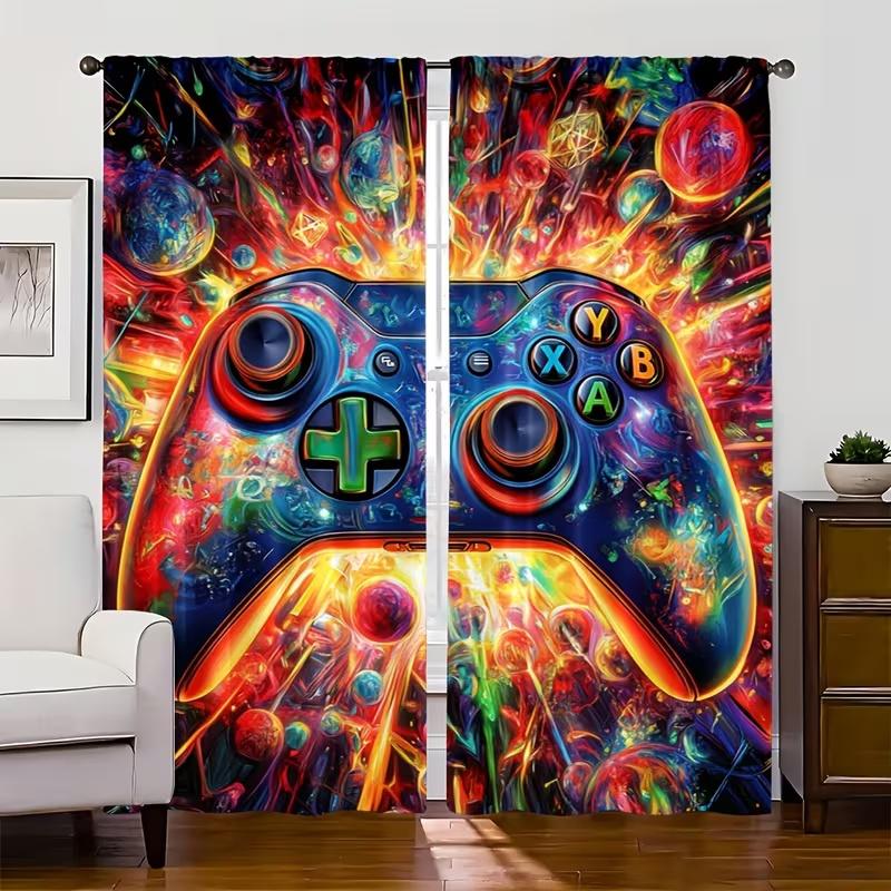 2Pcs Color game controller print curtains,suitable for bedroom,living room kitchen decoration,home decoration,window decoration