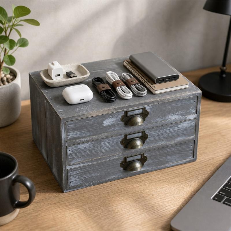 Three Compartment Wooden Desk Storage Cabinet, Tabletop Box with Metal Pulls for Mail, Jewelry, Office and Dresser Area