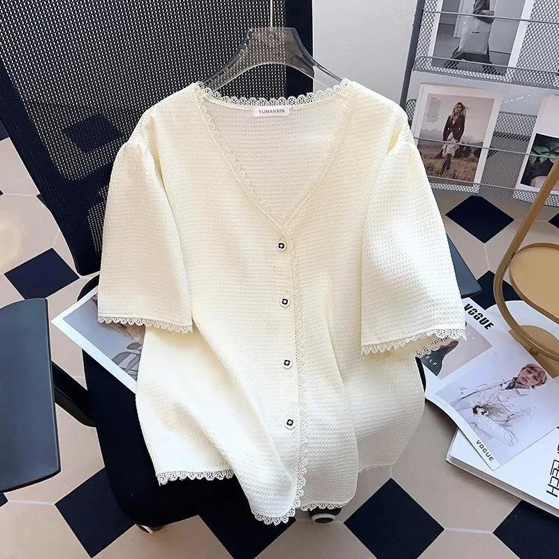 Women's Pink Waffle Knit Lace Trim V Neck Button Front Blouse