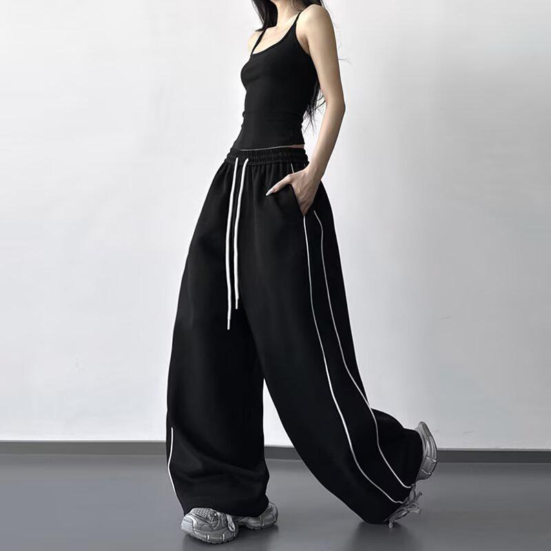 

Women s Spring & Autumn Black Drawstring Wide-Leg Sports Pants - Loose, Slimming, Casual Drape Style 3XL чорний