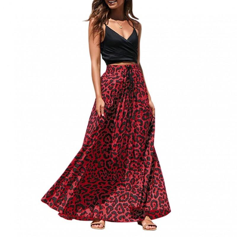Damen Plus Size A-Linien Midi-Rock Mit Kordelzug Taille Leopardenmuster Baumwollmischung Lässig Lang