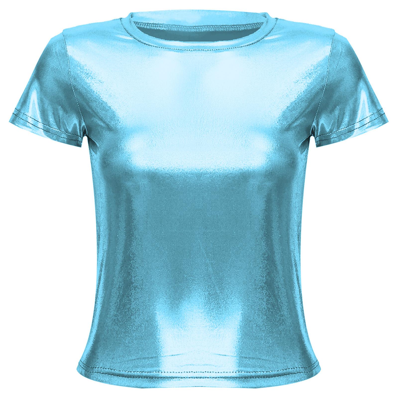 

Жіноча вечірня футболка з металевим блиском, глянсова, з коротким рукавом, топ з круглим вирізом, світловідбиваючий танцювальний одяг для рейвів та фестивалів XL синій