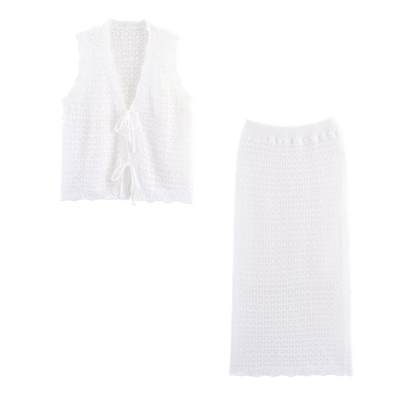 Kaslead New Women Clothes Western Style Fashion Simple Lace-up Knitted Sleeveless Top Skirt Set