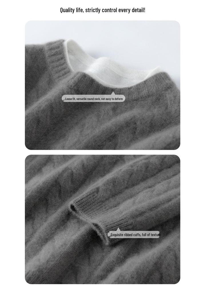 Elegant Women's Color-Block Cable Knit Cashmere Sweater, Round Neck Pullover, Autumn/Winter Style Base Layer Top