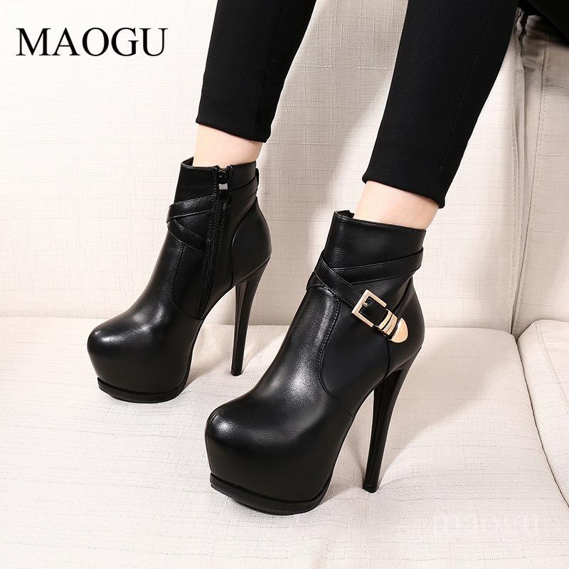 Women's Black Stiletto Ankle Boots Round Toe Buckle Strap High Heel Platform Boots Side Zipper Female Short Botas Botte Femme