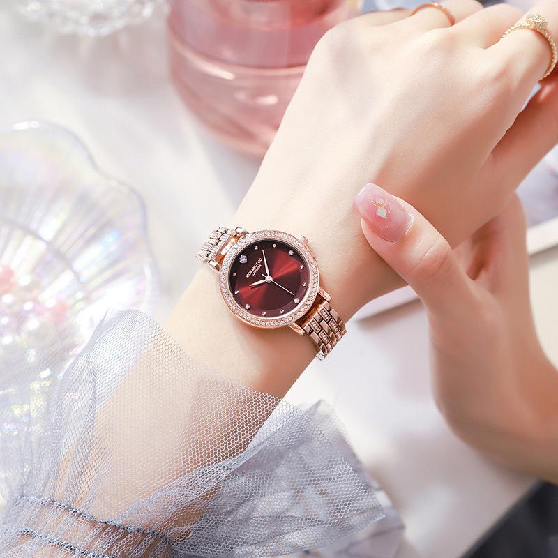 Damenuhr mit diamantbesetztem Stahlband, modisch, luxuriös, schlicht, mit Farbverlauf, doppellagiges Perlmutt-Zifferblatt, wasserdichte Quarzuhr