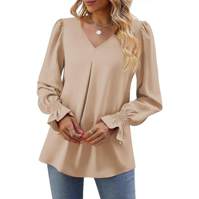 V-neck Pullover Chiffon Shirts Flared Long-sleeved Women's Blouses & Shirts