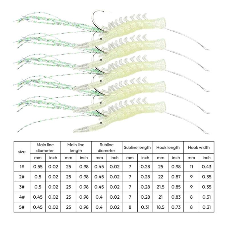 5 Pack Fishing Lures Rig Shrimp Baits Glow Fishing Rigs Shrimp String Hook Fishing Baits for Saltwater Fishing