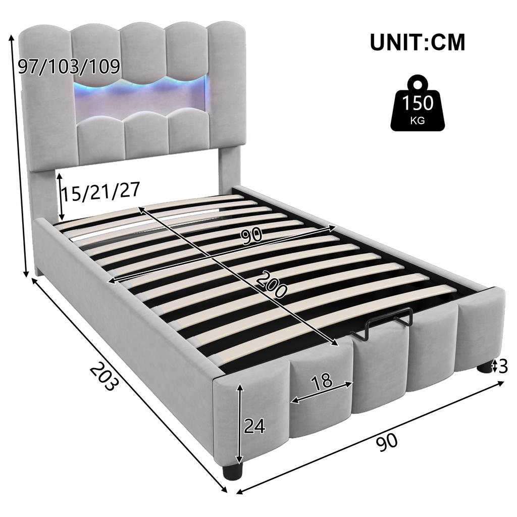 Upholstered Bed, 90 x 200 cm, without Mattress, LED Lighting, with Hydraulic Mechanism, Adjustable Headboard, Velvet, Gray