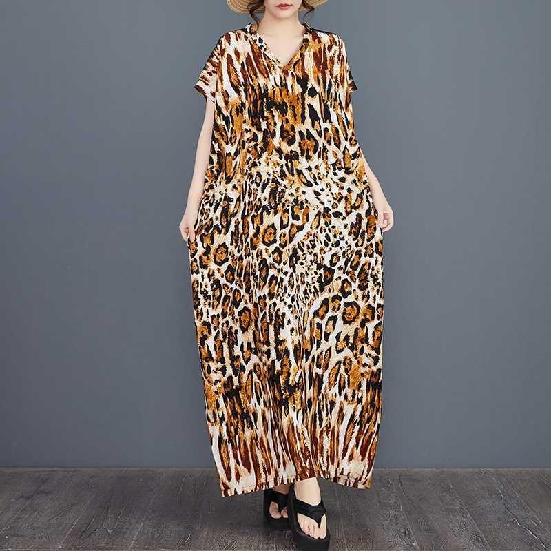 Women's Leopard Print Boho Caftan Dress - Batwing Sleeve V-Neck Rayon Maxi, Flowy Loose Fit Beach