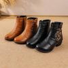 Ethnic Leather Martin Boots Coarse Heel Warm Side Zipper Non-Slip Flower Round Head Boots