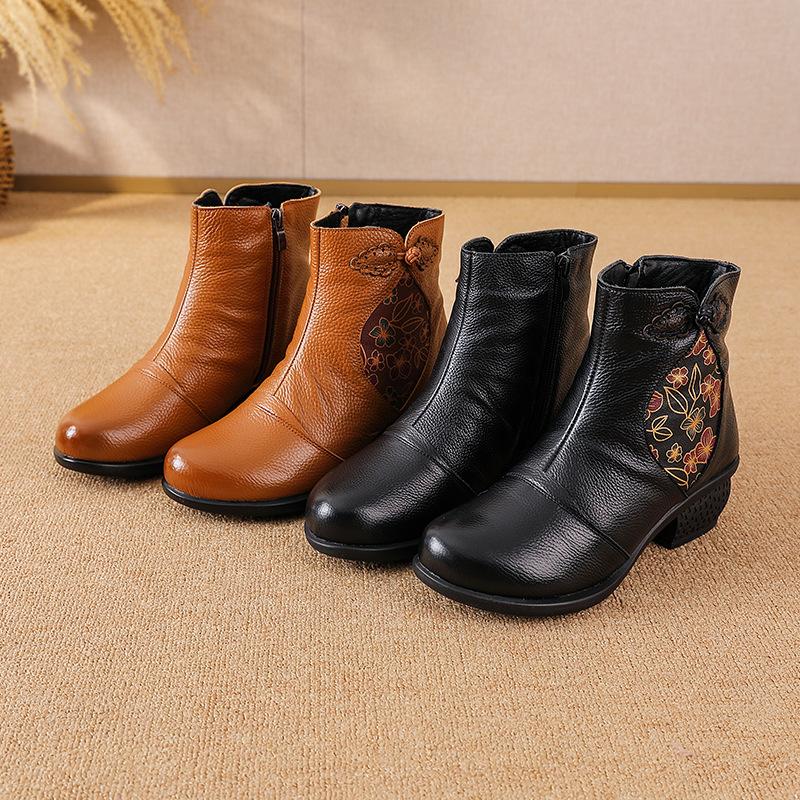 Johnature Ethnic Style Genuine Leather Thick Heel Short Boots Retro Printed Warm Side Zipper Women's Boots