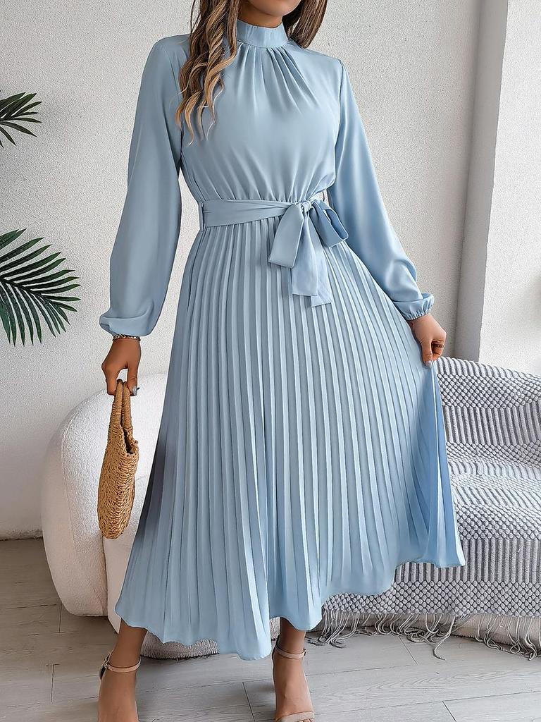 Fall Elegant Stand Collar Long Sleeve Ruched Waist A-Line Dress Women's Formal Wear