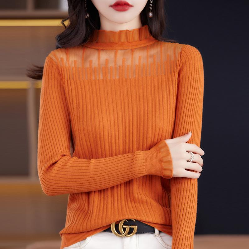 Spring and Summer Women's Short Lace Half-high Neck Lace Splicing Long Sleeve Pullover Bottoming Knitwear