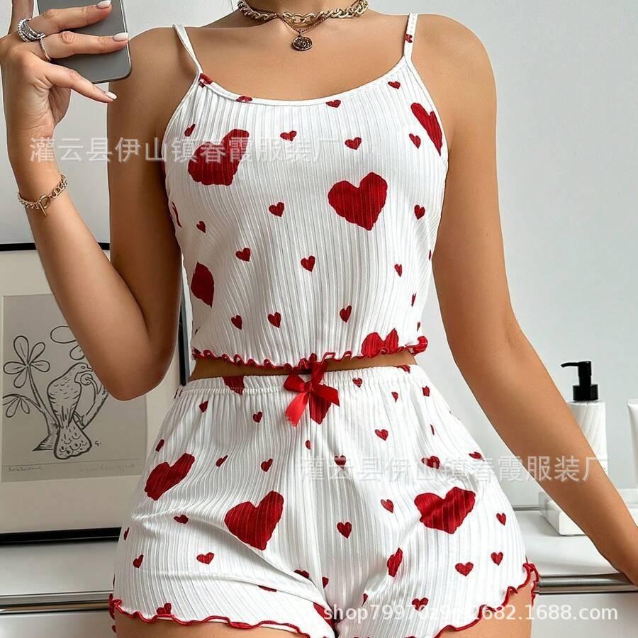 2026 European and American knitted pit strip love printing loungewear set sweet suspender shorts pure desire pajamas women S