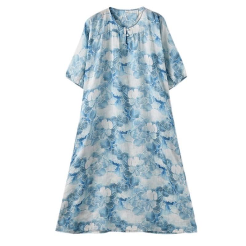 Johnature Women Vintage Print Floral Summer Dresses O-Neck Half Sleeve Robes Soft Chinese Style Button Dress