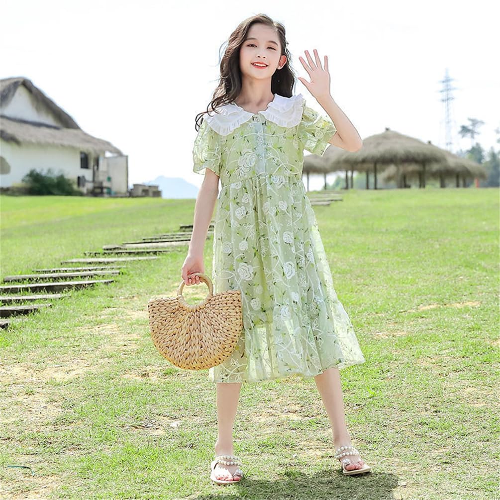 BLZXIAN Chiffon Short Floral Tunic Loose Everyday Junior Size Height Kids' Dress, Sleeve, Long, Knee-Length, High-Waisted, Turn-Down Collar, Print,