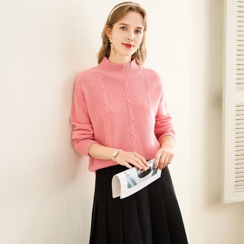 

TUHUANG Women s Pure Wool Cable Knit Half-Turtleneck Sweater L