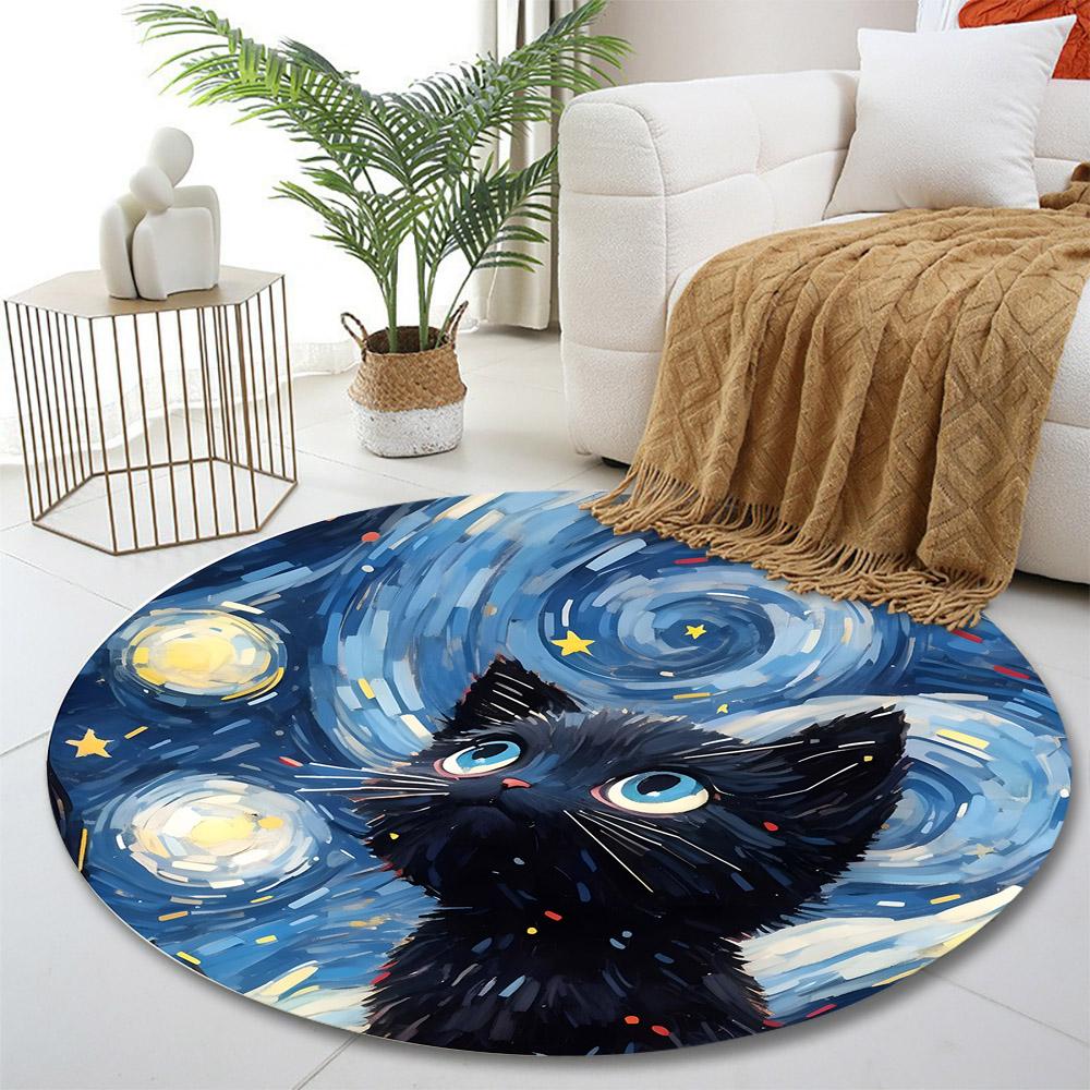 Starry Night Black Cat Print round rug, living room, bedroom, playroom carpet, non slip floor mat, gift