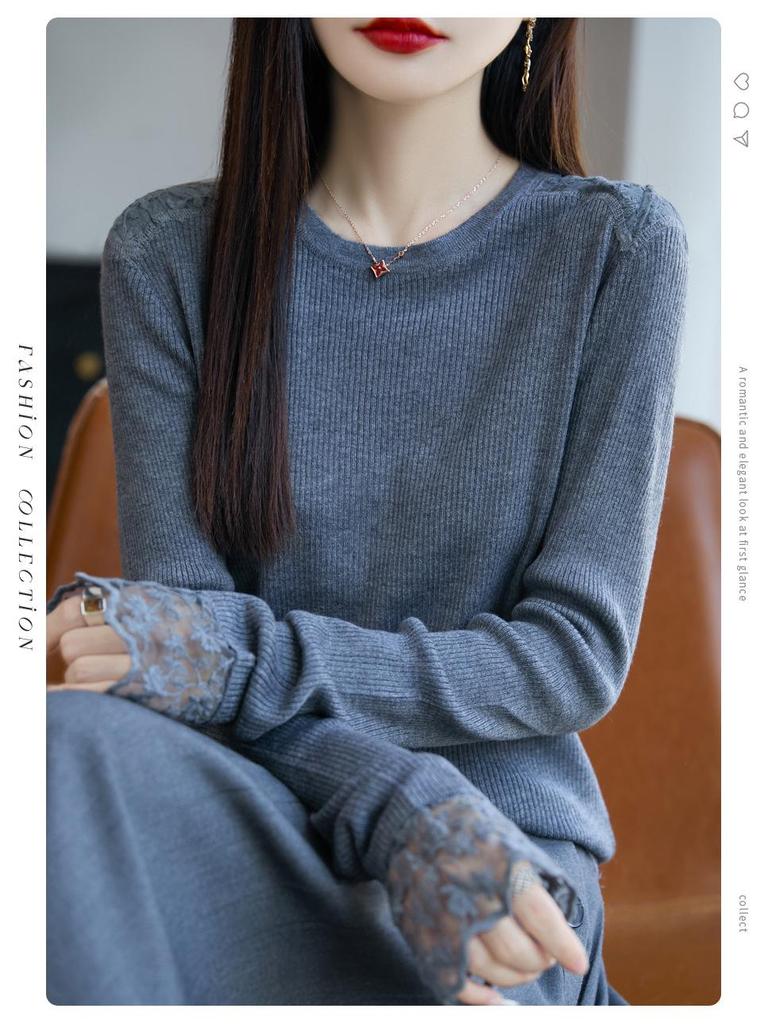 Černý krajkový patchworkový zeštíhlující svetr: Dámský pletený top s krajkovým lemem pro podzim/zimu