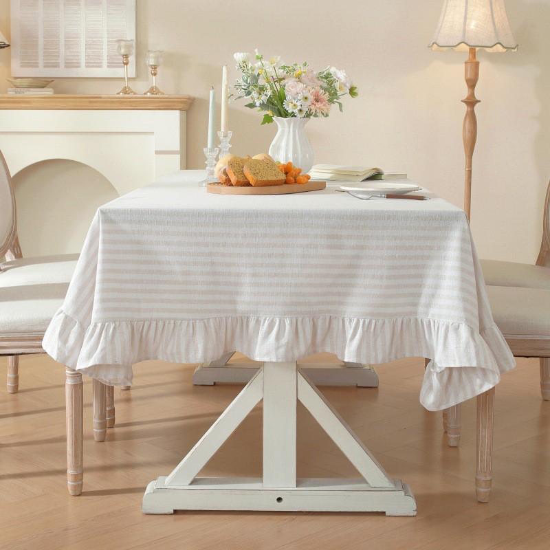 Striped Cotton Tablecloth With Ruffled Hem Dining Table Square Round Decorative Home Kitchen