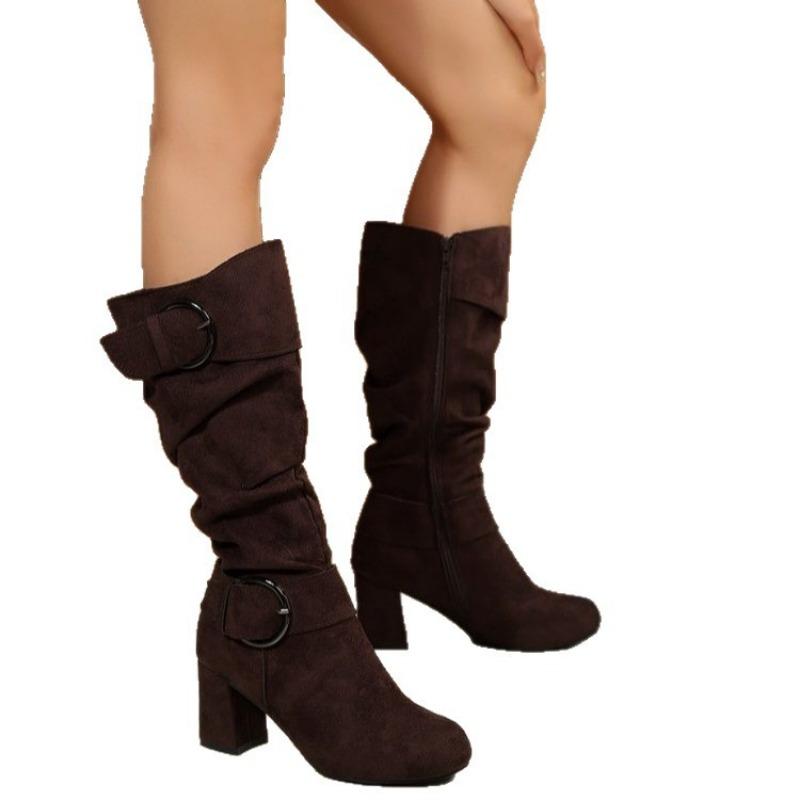 Autumn and winter new long boots for women, but mid-knee boots, suede high-heeled belt buckle for women's boots