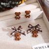 Teddy Bear Stud Earrings Flocked Bow Design On Silver Posts Whimsical & Cozy Winter Jewelry PD2418