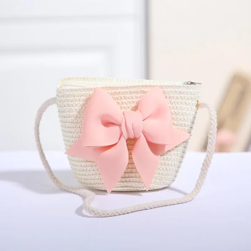 

Handmade Woven Crossbody Bag Mini Coin Purse Beach Handbags Cute Bow Straw Shoulder Bags Baby Girls Princess Kids Messenger Bags