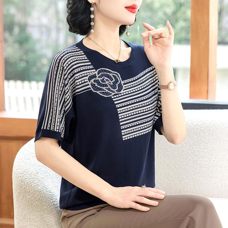 Mom's Ice Silk Summer Knit Short-Sleeve Top for Middle-Aged and Elderly Women