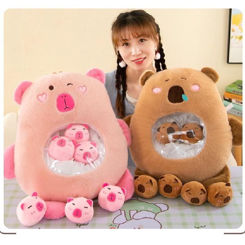 Cute Capybara Stuffed Toy Pillow Bag With Six Mini Plushies Stress-relief Dolls