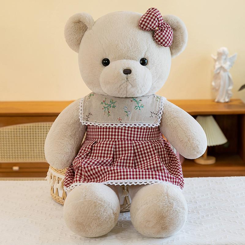 

Cute Teddy Bear Plush Toy With Checkered Dress And Bow Decoration For Romantic Gift And Collectors Garden Red,40cm