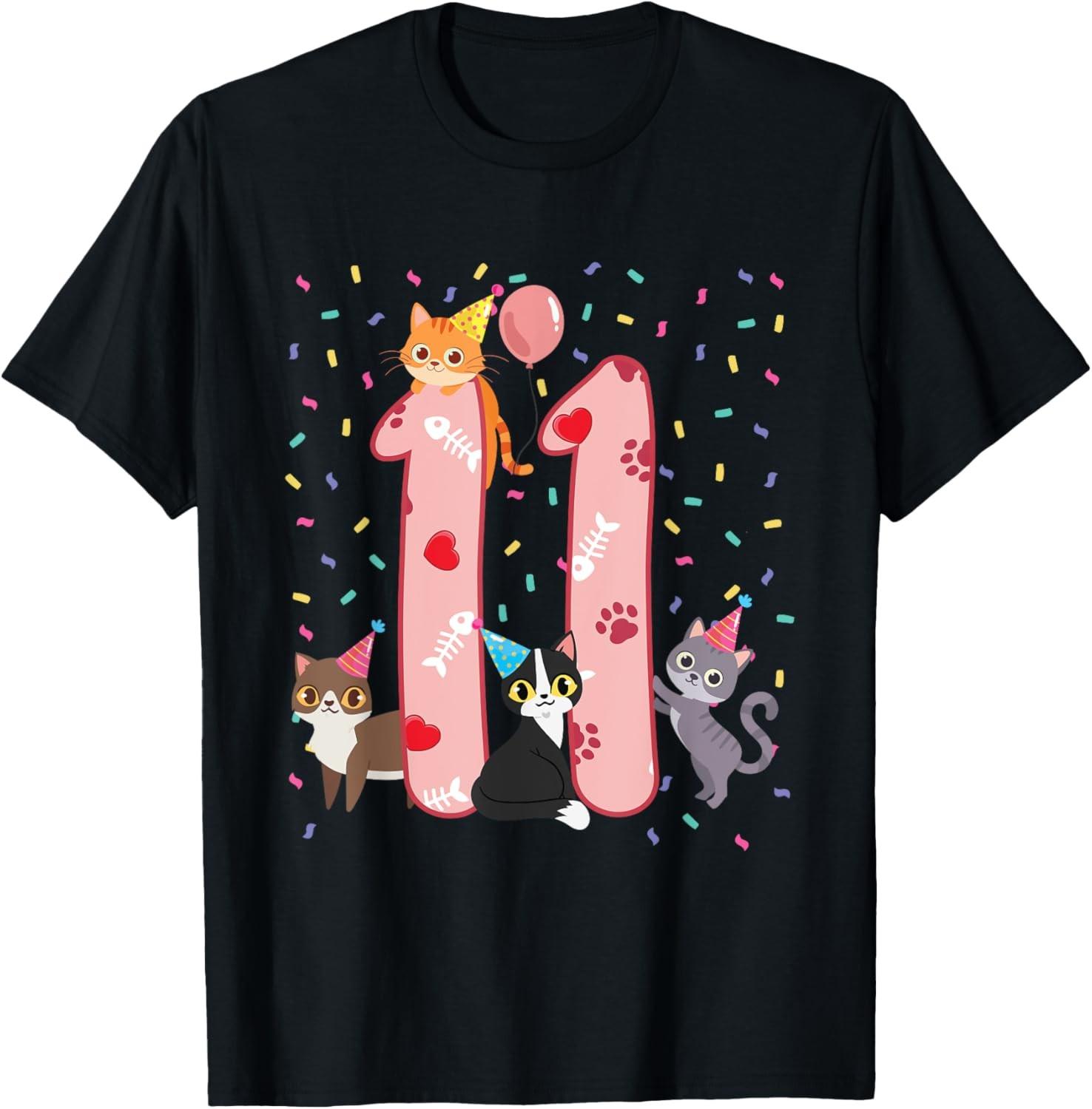 11th Birthday Girl cute Cat outfit 11 years old bday party T-Shirt S разноцветный