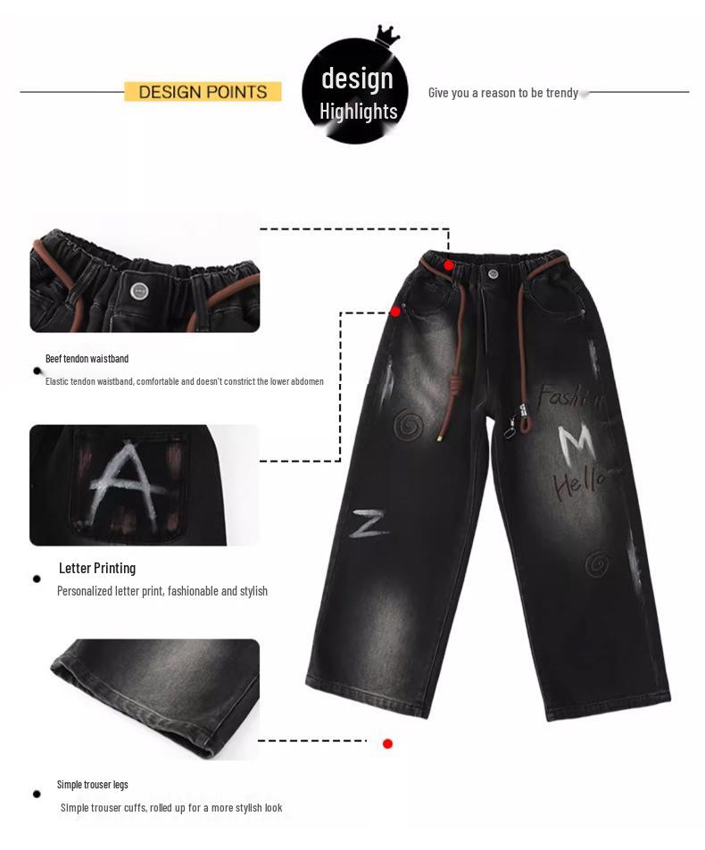Boys' 2025 Autumn Jeans: Fashionable Wide-Leg Pants for Middle and Big Kids