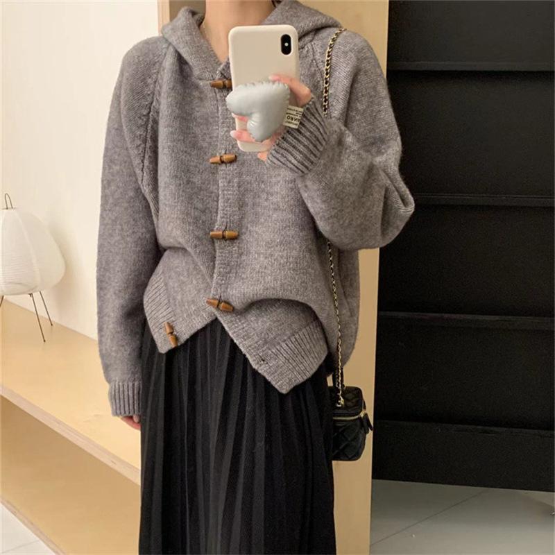 Korean lazy wind hooded horn button sweater cardigan women's new design soft waxy knitted autumn coat top