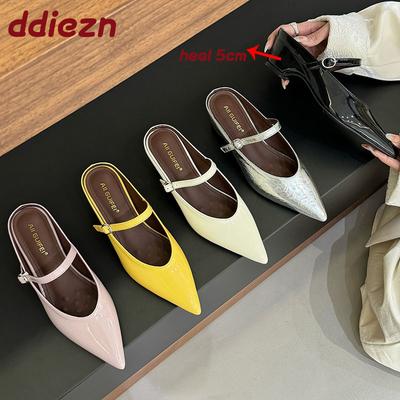 Fashion Female 5CM Heels Ladies Slides Slippers Shoes New In Summer Spring Fashion Pointed Toe Women Heeled Slippers Sandals Mules Shoes