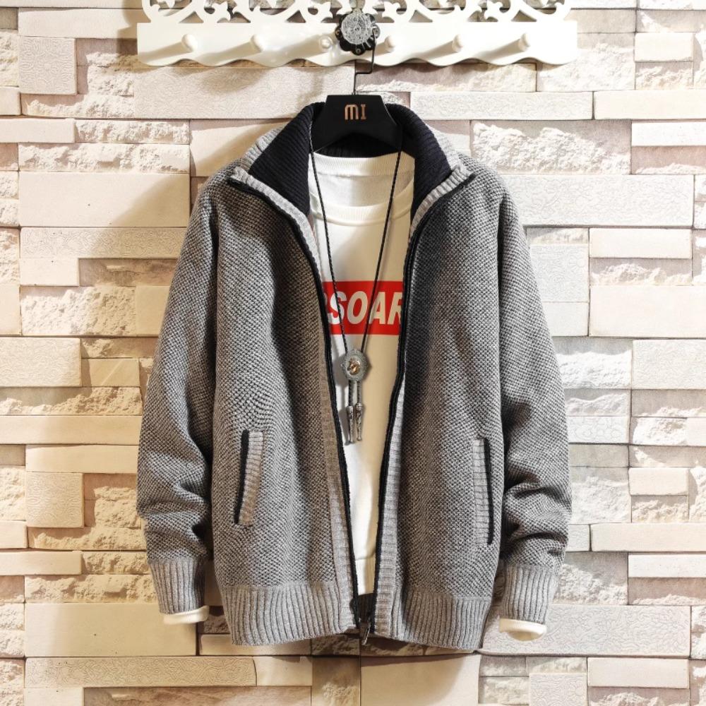 Maglione casual da uomo in pile spesso e invernale, di grandi dimensioni, con colletto alto, cardigan
