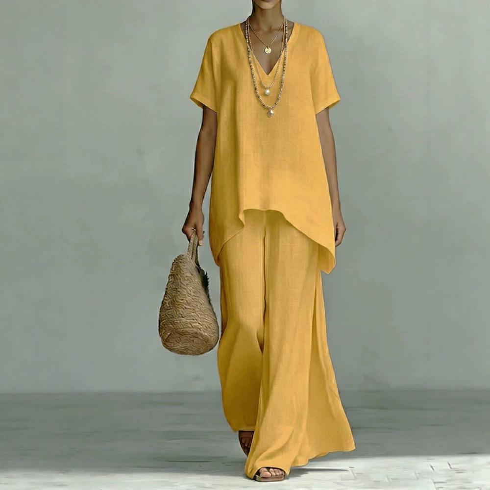 Women's Loose Fit Two-Piece Tracksuit Short Sleeve V Neck Top High Waist Wide Leg Pants