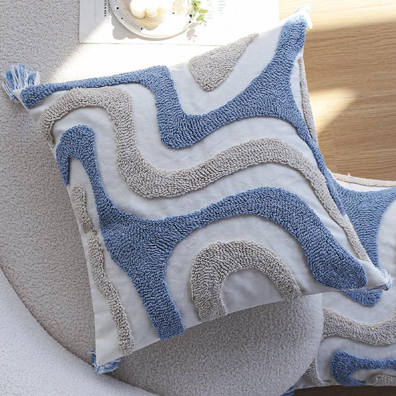 Blue Tufted Cushion Sofa Living Room Tassel Cushion Backrest Bedroom Bed Cushion Pillow Case Without Core