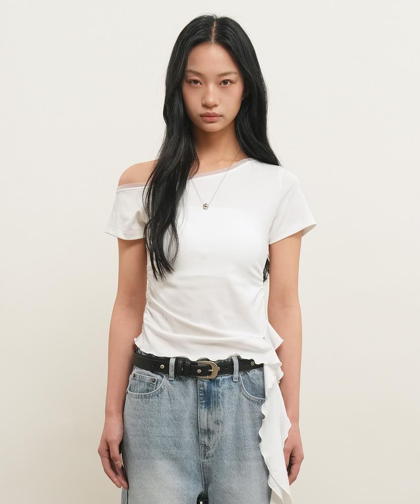 GENERALIDEA Mesh-Trimmed One-Shoulder T-Shirt [White] / Gf2Lts526