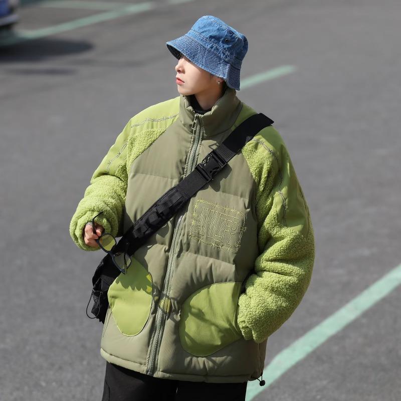 

Men s American Style Lambswool Stand Collar Puffer Jacket - Thick, Warm, and Versatile Winter Outerwear. L зелений