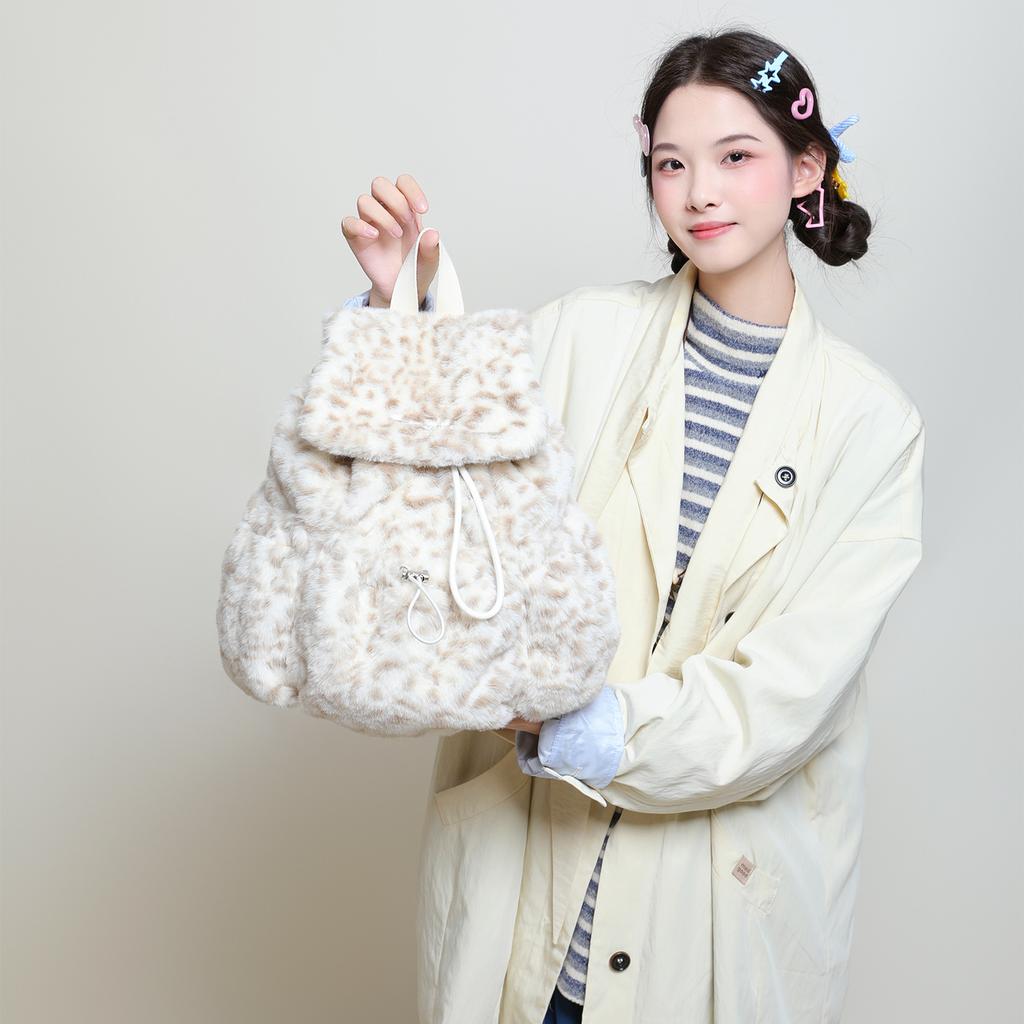 Winter Lamb Plush Backpack Women'S Large Capacity Leopard Print Backpack College Student Autumn And Winter Brown Bag