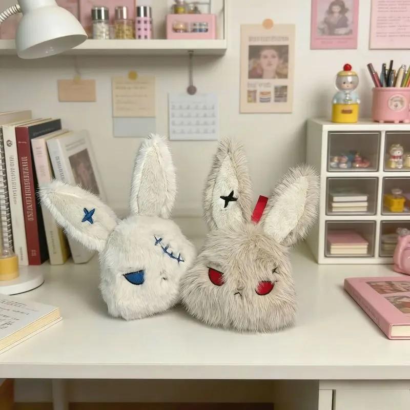Gothic Rebel Rabbit Plush Keychain Funny Reborn Bunny Doll Cartoon Stuffed Toy PP Cotton Filled for Halloween Holiday Decor Gift